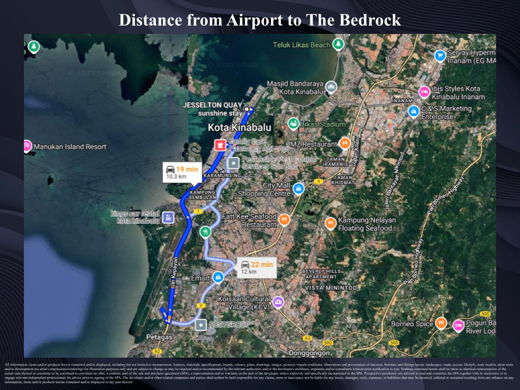 Location illustration showing the route from Kota Kinabalu airport to The Bedrock