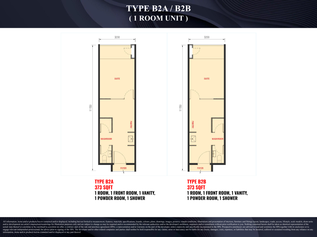 B2A and B2B 373 sq ft floor plans