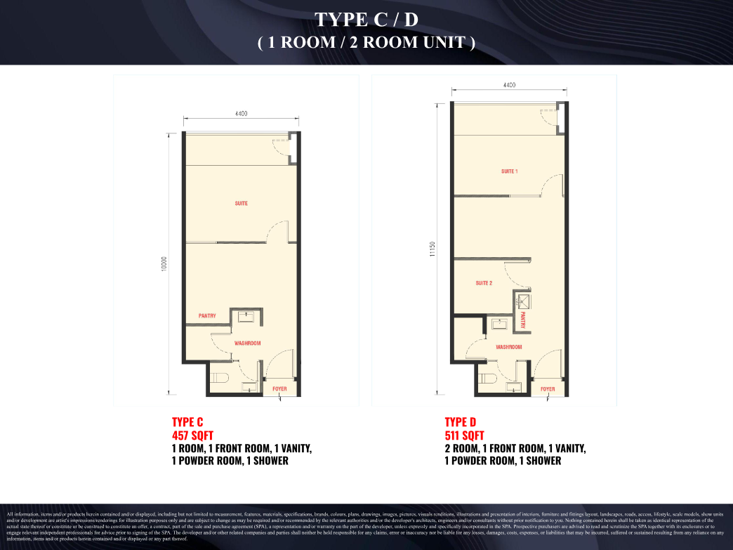 C 457 sq ft and D 511 sq ft floor plans