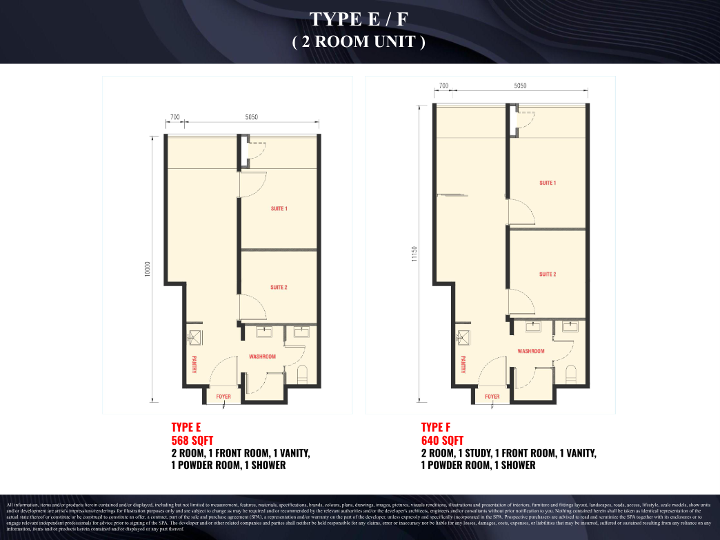 E 568 sq ft and F 640 sq ft two-room floor plans